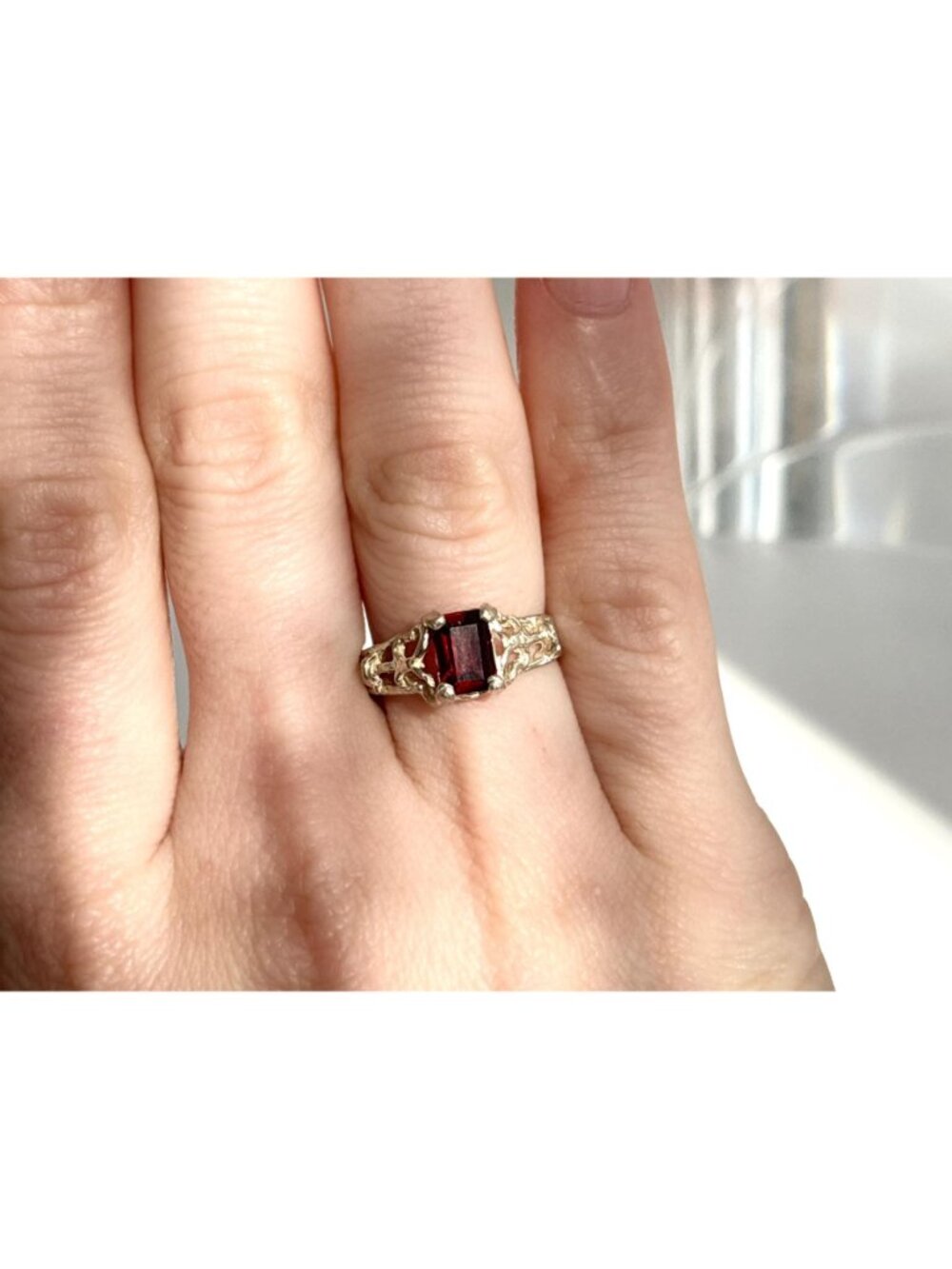 Garnet Emerald Cut Gemstone Sterling Silver 925 Elegant Vintage Ring - Picture 13 of 13